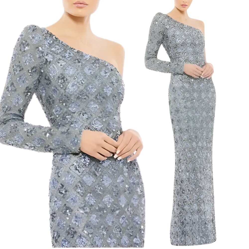 Mac Duggal 5479 Womens Size 8 Gray Silver Sequin Beaded Evening Gown Maxi Dress